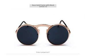 Front view of steampunk round flip-up sunglasses with rose gold frames and dark grey lenses