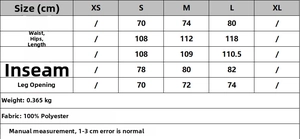 Tabella taglie dettagliata per pantaloni a gamba larga con misure per taglie S, M, L