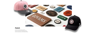 Detailed macro view of custom embossed leather and embroidered patches for denim caps