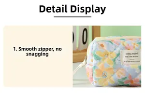 Close-up of smooth metal zipper and floral quilted fabric detail on laptop sleeve