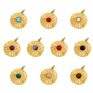 Stainless Steel Natural Stone Pendants Retro Round Hammered Texture DIY Jewelry Making Charms Gold Plated