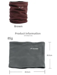 Detail showing dimensions and material of thick fleece neck warmer in brown and grey colors