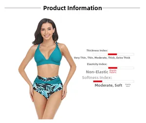 Detailed view of teal halter bikini top and high-waisted tropical leaf print swim bottom