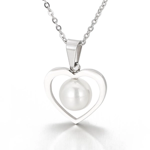 Minimalist stainless steel necklace featuring a heart pendant with a central white pearl