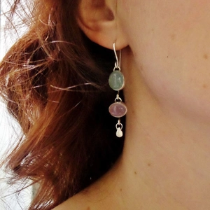 Minimalist asymmetric oval cat eye stone drop earrings with silver metal waterdrop charms