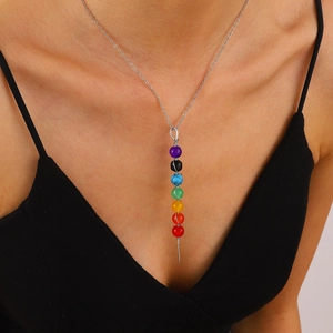 Silver necklace with colorful seven-stone beads pendant on a female model