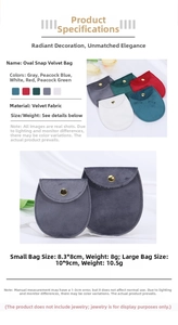 Size comparison chart for small and large oval velvet jewelry pouches with snap button