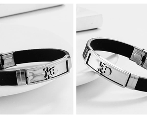 Detail of black silicone bracelet featuring a hollow skull stainless steel plate