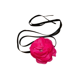 Elegant rose red fabric flower choker necklace with long black satin lace-up ribbon