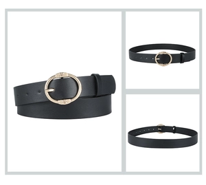 Close-up of black PU leather belt with gold oval buckle and metal hardware details