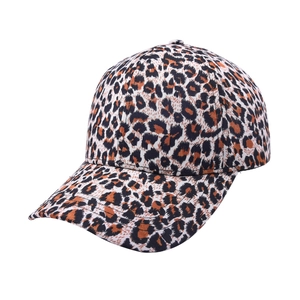 Detailed close-up of classic leopard print pattern on thick cotton canvas baseball cap