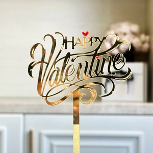 Golden acrylic Happy Valentine cake topper with red hearts and mirror finish