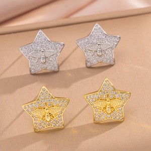 Bee Pentagram Star Stud Earrings Copper Plated Real Gold With Cubic Zirconia Exquisite Trendy Women Jewelry