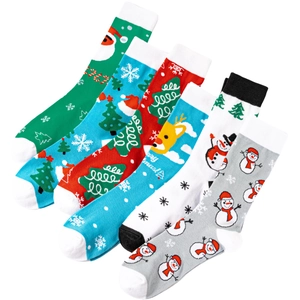 Patterned Christmas crew socks with Santa Claus, reindeer, and snowman in festive colors