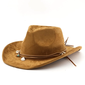 Brown faux suede cowboy hat with shell and turquoise bead trim shown at 45 degrees