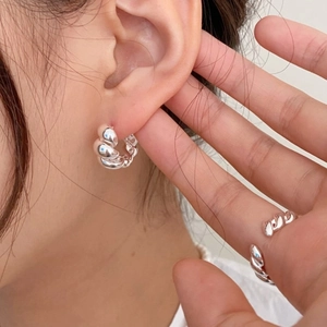 Minimalist S925 sterling silver twisted rope hoop earrings and matching open ring set