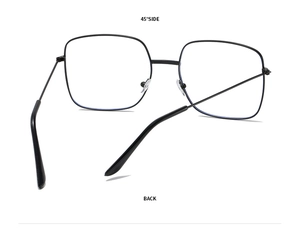 Detailed 45-degree side view of black square metal eyeglass frames and temple hinges