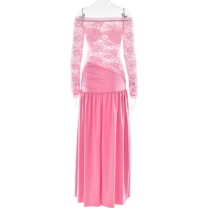 Detail view of the pink lace off-shoulder top and matching draped skirt set for women
