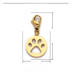 Detailed dimension guide for golden stainless steel dog paw charm with lobster clasp