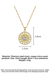 Detailed view of sunflower pendant dimensions showing 2.8x2.2cm size with cubic zirconia