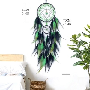 Handmade dream catcher with black and green feathers, 5.9in diameter for wall decoration