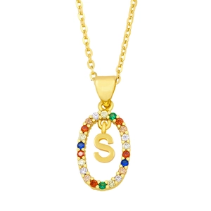 Detailed close-up of gold pendant with letter S surrounded by colorful zircon stones