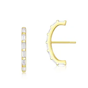 925 Sterling Silver Geometric C-Shaped Arc Stud Earrings Minimalist Baguette White Zirconia Gold Plated Fashion Jewelry For Women