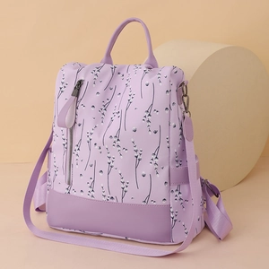 Lavendelfarbener Oxford-Stoffrucksack mit Blumenmuster und Kunstleder für Damen