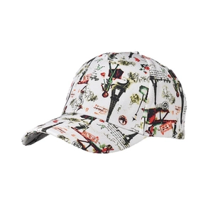 White baseball cap with colorful Eiffel Tower prints and curved brim in 45-degree view