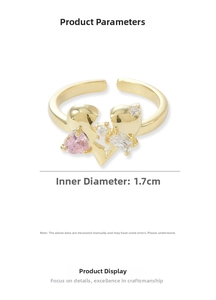 Detail showing pink heart zircon ring with 1.7cm inner diameter measurement