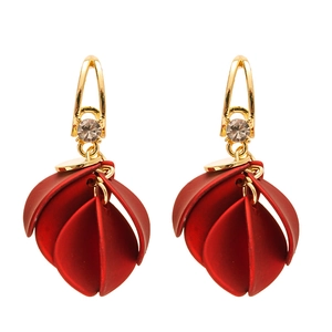 Elegant red matte petal earrings with gold hooks and sparkling crystal accents
