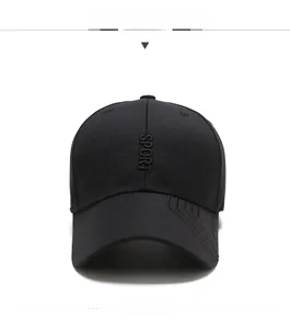 Detailed front view of black cotton baseball cap featuring vertical SPORT embroidery
