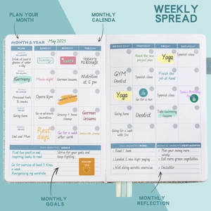 Detail of undated planner showing monthly and weekly spread layout for goal tracking