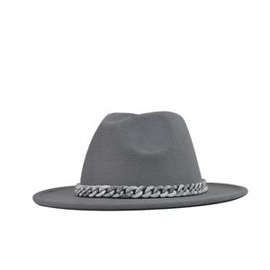 Close-up of gray wool fedora hat featuring a stylish marble texture chain band