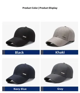 Detailed grid view of four baseball caps in black, khaki, navy, and grey with metal logo
