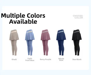 Detail view of five color options for high-waisted fake two-piece yoga leggings with skirt