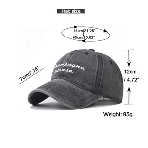 Detailed view of dark grey washed cotton baseball cap with size and weight specifications