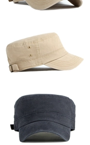 Detail of cotton canvas flat top army cap showing metal eyelets and adjustable strap