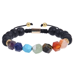Detail of adjustable woven bracelet with 10mm tiger eye, lava stones and faceted beads