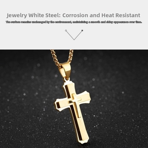 Détail du pendentif croix dorée à double couche en acier inoxydable poli brillant