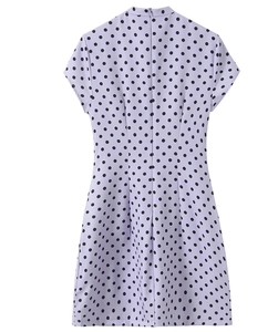 Detail of light purple polka dot dress featuring a stand collar and back zipper