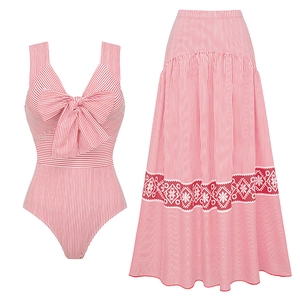 Damen-Badeanzug rot gestreift mit Schleife und passendem Maxi-Rock mit hoher Taille