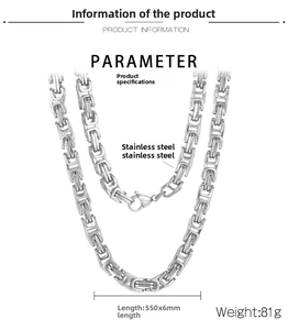 Détail d'un collier chaîne byzantine en acier de 6 mm avec dimensions et poids affichés