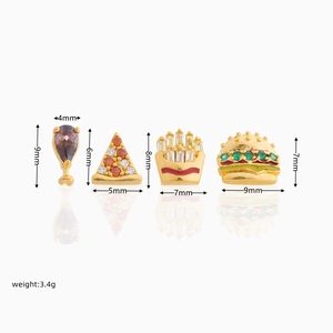 Detailed size dimensions for hamburger, pizza, fries and chicken leg stud earrings