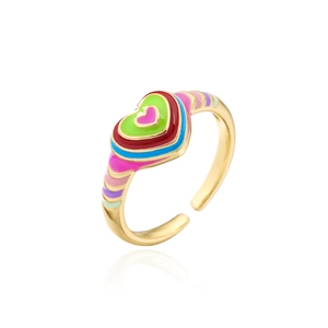 Close-up of heart-shaped multi-color enamel layers on an 18K gold-plated adjustable ring