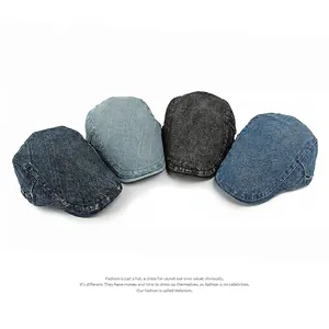 Vintage washed denim beret flat caps for men and women in four assorted blue colors