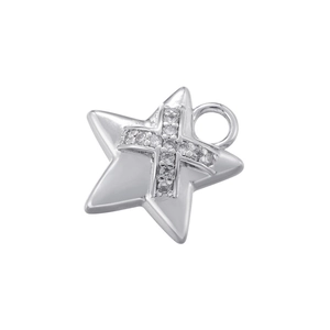 Macro detail of silver star pendant with cross inlay and sparkling zircon stones