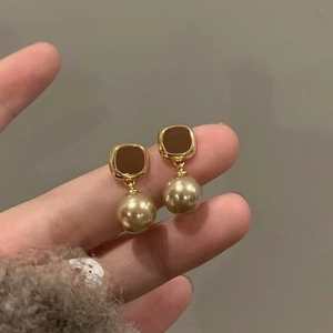 Vintage Enamel Square Drop Earrings With Silver Earring Post Faux Artificial Pearl Dangle French Style Jewelry For Women
