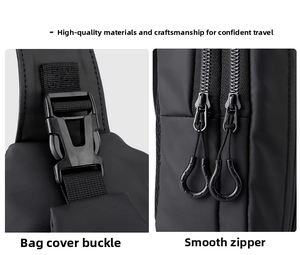 Detail of durable plastic buckle and smooth metal zipper with horseshoe puller