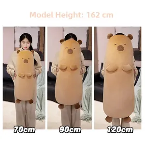 Three sizes of soft capybara plush body pillows compared with a 162cm model height